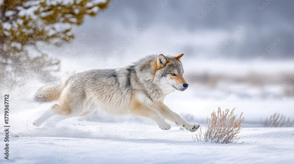 Naklejka premium Grey wolf running through deep snow in a winter landscape, showcasing agility and strength amidst fallen trees and sparse vegetation