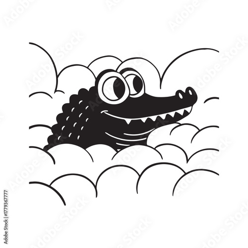 Smiling Cartoon Crocodile Peeking from Clouds
