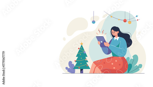 Frustrated woman dealing with tablet technology failure during Christmas