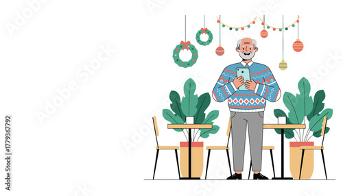 Elderly man in a festive holiday sweater uses a mobile phone in a decorated cafe space