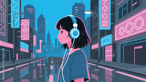 Urban Melodies Girl in Headphones in a Cyberpunk City