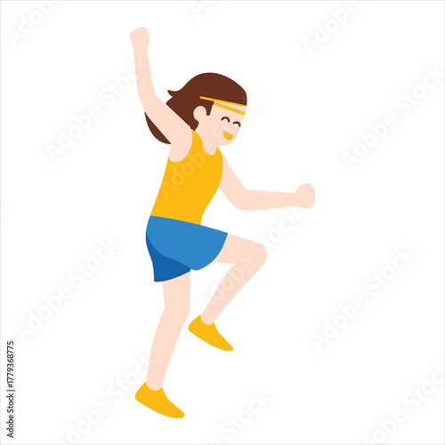 Female cartoon character exercising vigorously, dynamic movement isolated on white background