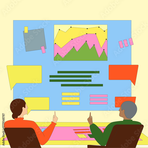 Hand-drawn office work. Office workers sit at a large workstation with graphs and data. Two people are working and chatting. Hand-drawn image.