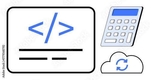 Coding element with blue tags, calculator for computation, cloud sync icon. Ideal for programming, analytics, technology, cloud computing, efficiency productivity digital tools. Simple flat