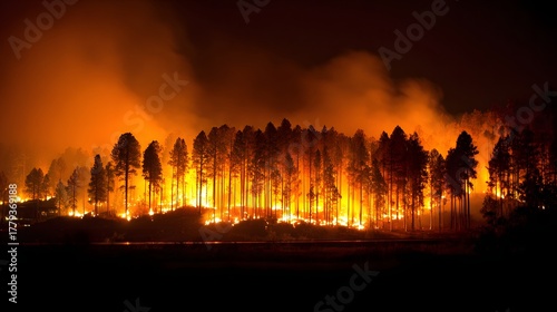 Massive conflagration consumes dense woodland under the dark night sky