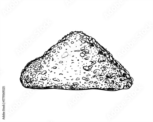 Monochrome heaps of salt crystals or fine gravel vector illustration painted by black inks in linear style. Powder pile graphic sketch. Food ingredient or building materials for design, decor