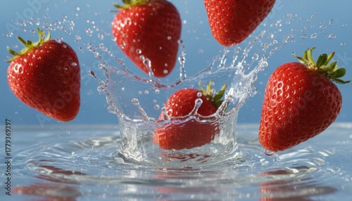 Fresh Strawberries Splashing into Water Creating a Refreshing Scene.