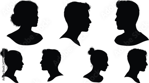 Human profile silhouettes, male and female heads, hairstyle variety, black vector design, identity concept, psychology study, fashion outline, people illustration, diversity