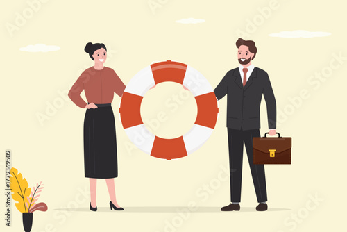 Confident businessman and businesswoman holding lifebuoy. Assistant helping clients solve problems. Lifeguard rescuer. Business people find solution. Technical support service