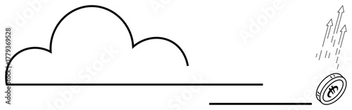 Minimalist cloud shape linked with a coin and ascending arrows signifying growth, technology, success. Ideal for finance, cloud computing, economy, innovation, progress, digital evolution simple