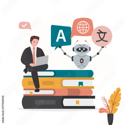 businessman sitting on books and uses laptop. Student talking and learning foreign language with neural network. AI chat bot helping translation texts or multilingual education.