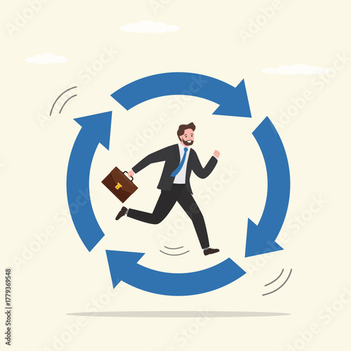 Businessman running on habit circle arrow diagram. Corporate slavery. Working habit, life cycle or daily routine behavior, agile development, discipline or working efficiency,