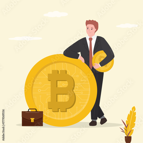 Confident businessman trader holding bitcoin. Successful investing in cryptocurrency. Smart investor with profit from bitcoin trading. Blockchain technology.