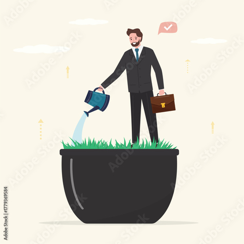Ambitious and smart businessman in flower pot watering himself. Self-improvement, development, professional personal growth, boost your skills. Learning, business education