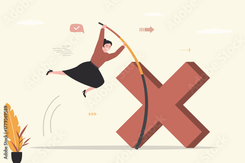 Confident businesswoman pole vault and trying to jump over giant cross sign. Business girl learning from mistake for career growth, overcoming failure. Don't give up,