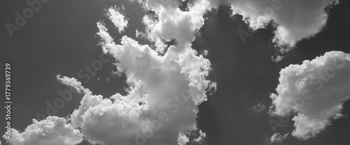 Dramatic soft fluffy clouds in sky background banner in black and white.