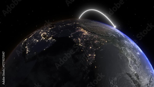 Realistic 3D Earth Night Flight Path Arc from Denver United States to Bangkok Thailand