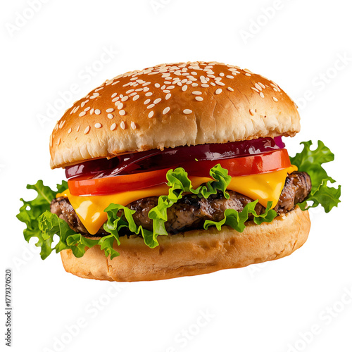 Delicious Burger With Fresh Ingredients Served on a Sesame Seed Bun at a Casu...