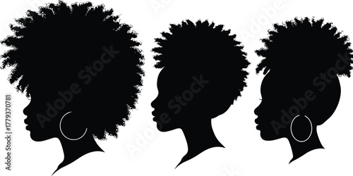 Black woman silhouette profile with natural afro hairstyle, hoop earrings, cultural identity, textured hair beauty, African American style, diversity, empowerment, fashion