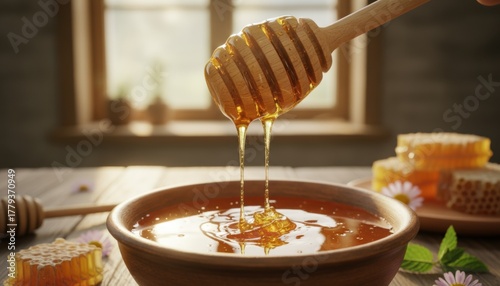 Golden Honey Dripping from Wooden Dipper into Bowl with Honeycomb Background.