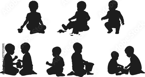 Silhouette children sitting squatting playing together, childhood activity posture, early learning development, kids interaction, educational concept, preschool motor skills, playful communication,