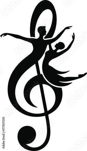 Vector dancers forming a treble clef symbol, isolated on white background