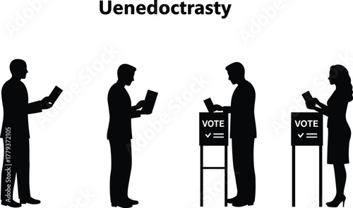Silhouette people voting, democracy concept, election booth illustration, civic participation, political rights, informed voters, ballot process, governance system, 