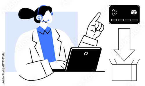 Female support agent with a headset at a laptop pointing to online payment methods and product delivery. Ideal for e-commerce, customer service, tech support, online shopping, digital payments