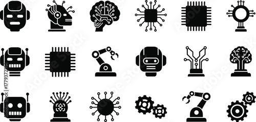Collection of artificial intelligence and robot icons representing technology and innovation isolated on transparent background