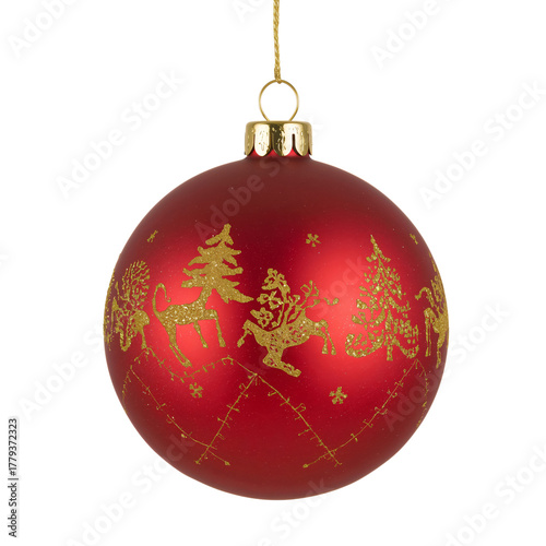 Red Christmas Ornament With Gold Design Featuring Trees and Animals Hanging o...