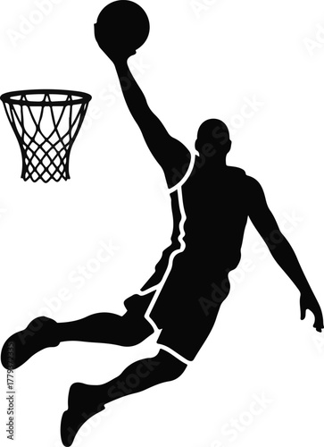 Vector silhouette of a basketball player dunking the ball into the hoop, isolated on white background