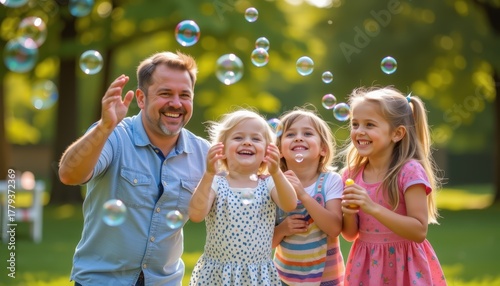 Fototapeta Naklejka Na Ścianę i Meble -  Family Playing Together Outdoors Joyful Moments with Bubbles Green Park Warm Sunlight Inspired Fun