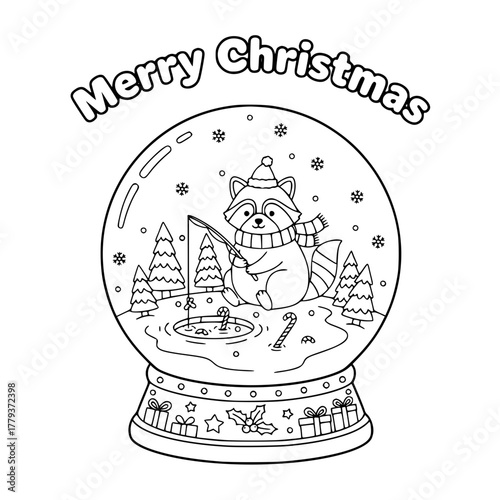 Raccoon ice fishing inside Christmas snow globe with “Merry Christmas,” coloring book page for toddlers Generative AI