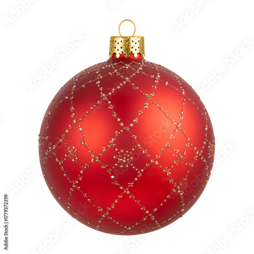 Red Christmas Ornament With Gold Design Featuring Trees and Animals Hanging o...