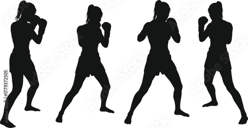 Silhouette boxer training stance, martial arts fighter shadow, combat sports movement sequence, fitness exercise illustration, self defense posture, athletic man boxing guard position artwork