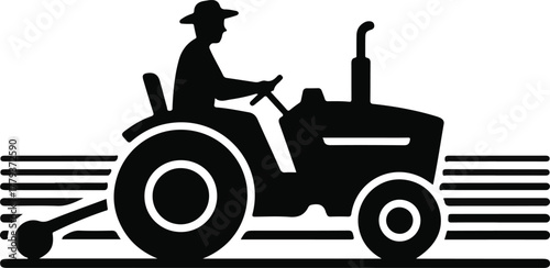 Vector silhouette of a farmer driving a tractor in a field, isolated on white background