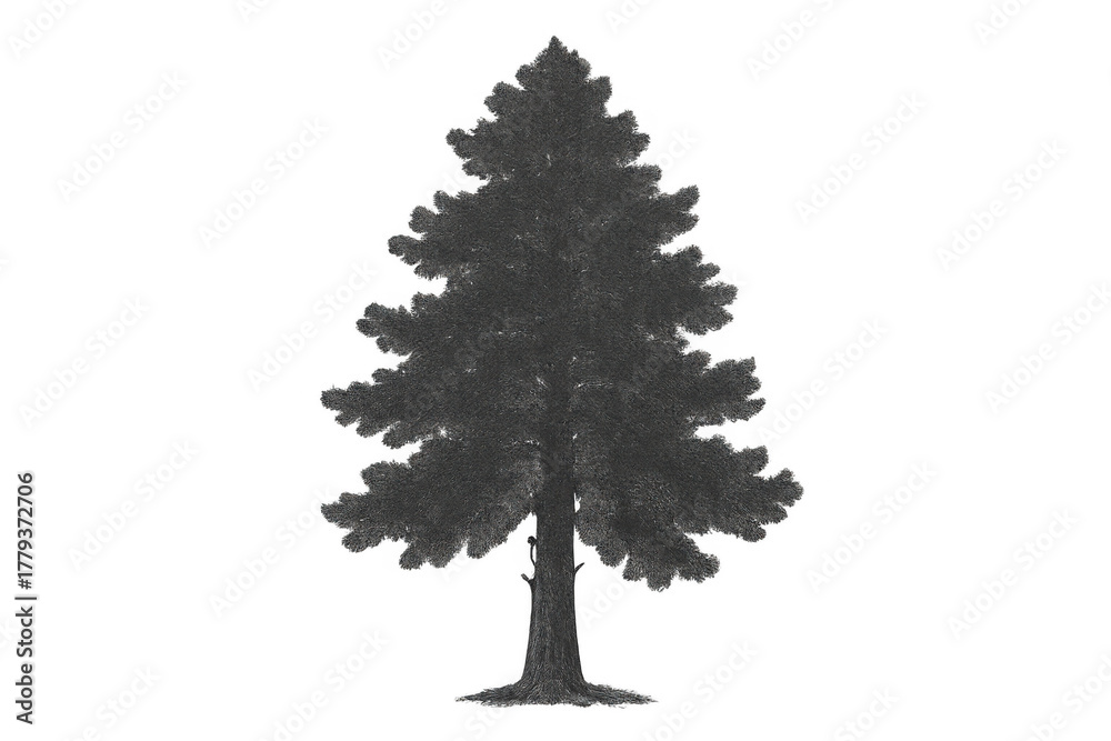 Fototapeta premium Dark silhouette of a pine tree illustration with evergreen needles and a thick trunk against a transparent background