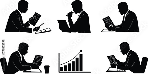 Business teamwork silhouettes analyzing data, corporate professionals at desks, financial growth bar chart, upward arrow success, strategy planning, productivity,