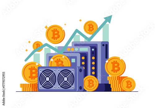 Bitcoin mining illustration with servers, coins, and an upward trending graph.