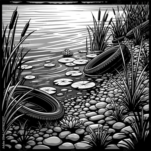 Calm water with tires on shoreline, peaceful pebble beach illustration. Calm water and vegetation near shore, discarded tires on pebbles depict the harsh reality of pollution.