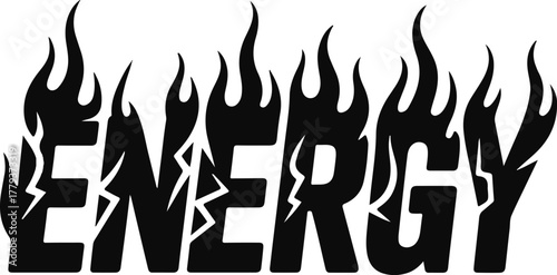 Vector the word energy in bold black letters with flames and lightning, isolated on white background