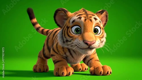 Cartoon Tiger Cub Prowling with Green Screen Background Playful Animation Fluffy Orange Stripes Jungle Feline Animated Animal Friendly Character