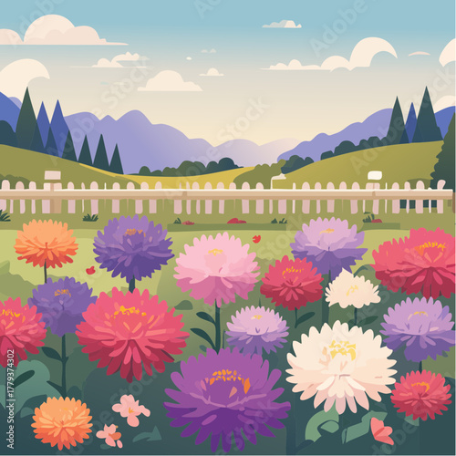Beautiful aster flowers growing in an outdoor rural garden - 2D vector background scene