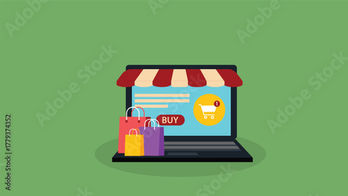 online shopping concept on laptop computer, e-shopping, and e-commerce, digital store with goods, vector flat graphic illustration
