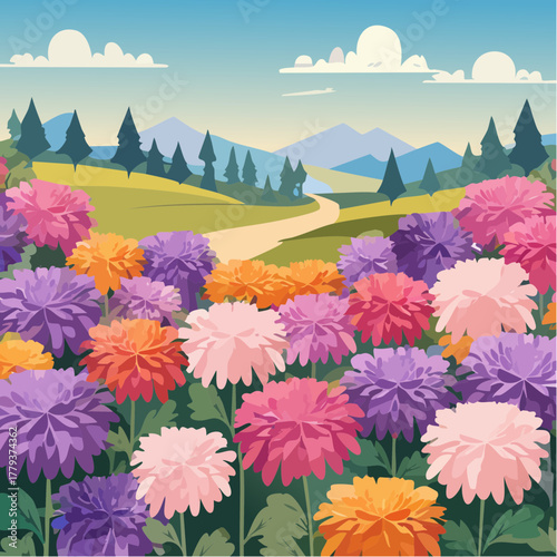 Beautiful aster flowers growing in an outdoor rural garden - 2D vector background scene
