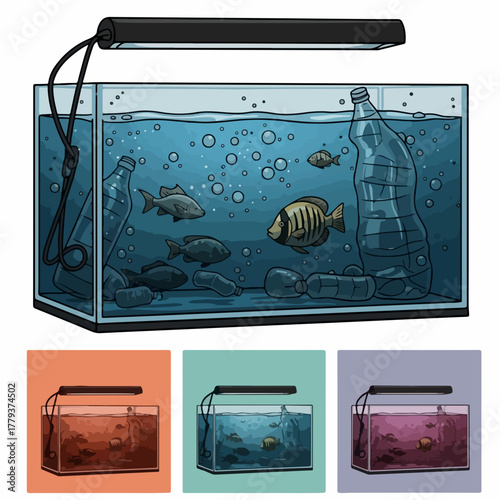Aquarium with pollution displays environmental degradation through discarded plastic bottles. Aquarium illustrates ocean pollution with plastic bottles as debris harming marine life,