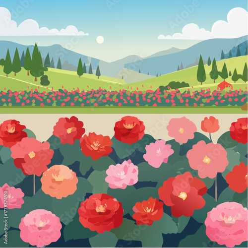 Beautiful begonia flowers growing in an outdoor rural garden - 2D vector background scene