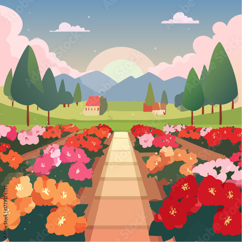 Beautiful begonia flowers growing in an outdoor rural garden - 2D vector background scene