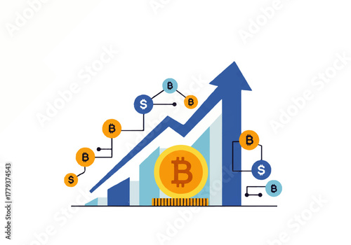 Bitcoin growth chart with upward arrow and coin illustration.