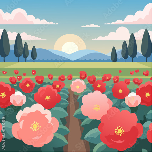 Beautiful begonia flowers growing in an outdoor rural garden - 2D vector background scene